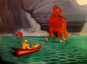 Surreal oil painting of a girl and a dodo bird adrift in a canoe on a flooded plain, facing a grain elevator, a tornado, and extinct animals. The grain elevator has the word LOST where the town's name would normally be.